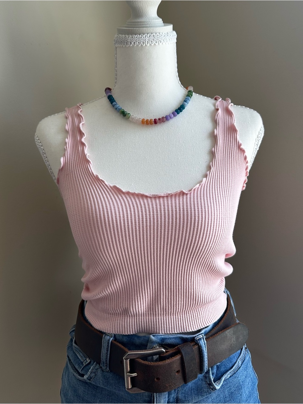 Women’s Ribbed Pink Tank Top with Ruffle Trim